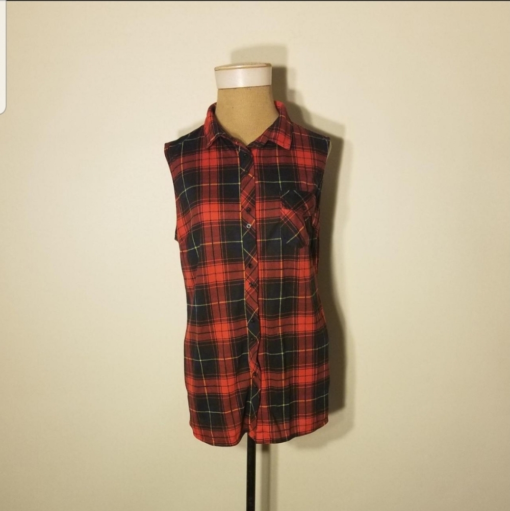Eden & Olivia Red, Black, & Yellow Plaid Button Down Sleeveless Maxi Top Size XL